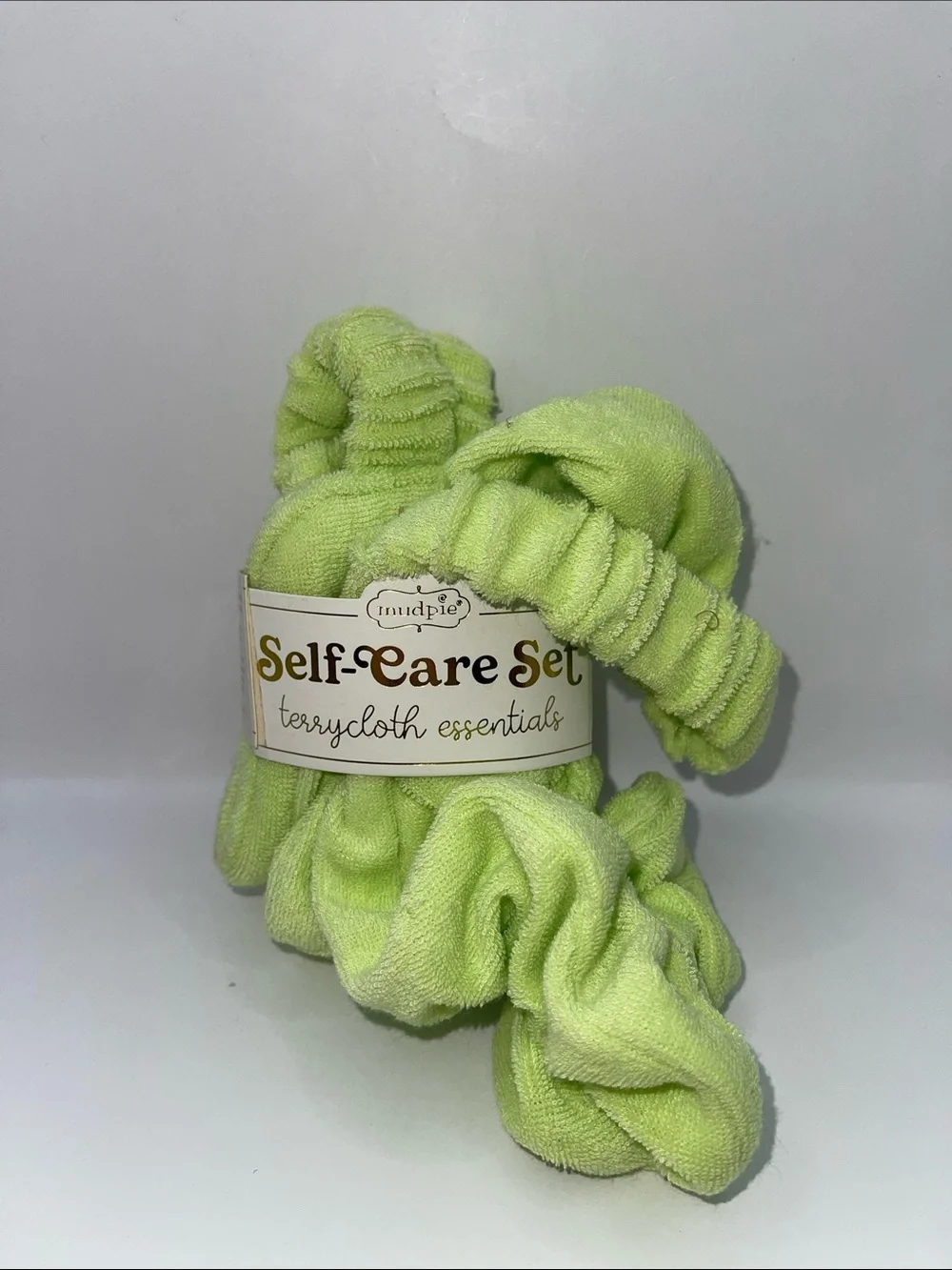 MudPie Self-Care Set Terrycloth Essentials Scrunchies - Lime Green & Teal
